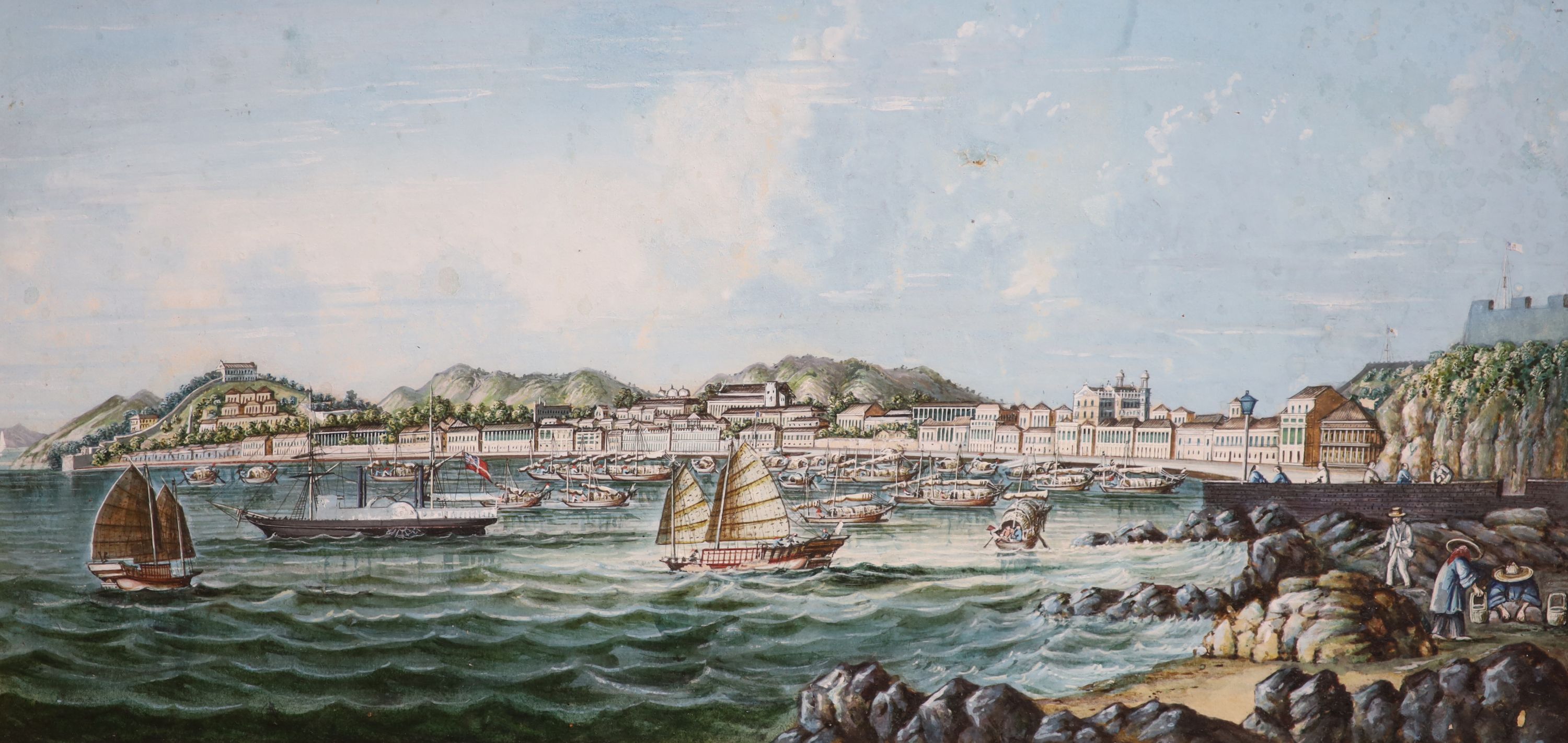 Chinese School Circle of Tinqua, Panoramic view of Macau from the harbour, gouache, 12 x 24.5cn